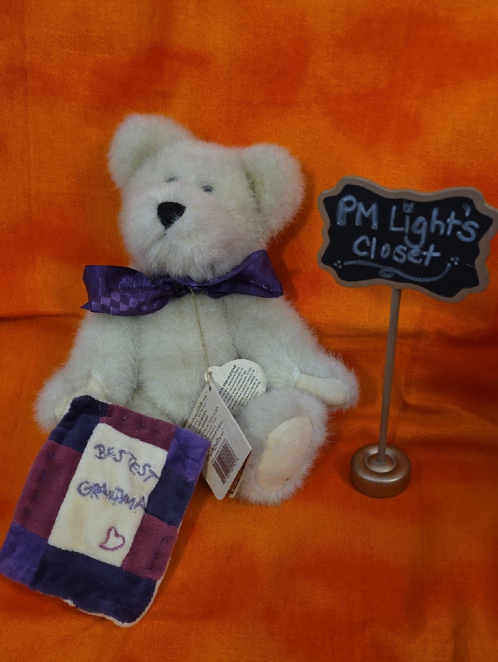 Boyds Bear Plush White Teddy Bear with Purple Bow Quilt G.P. Hugabunch
